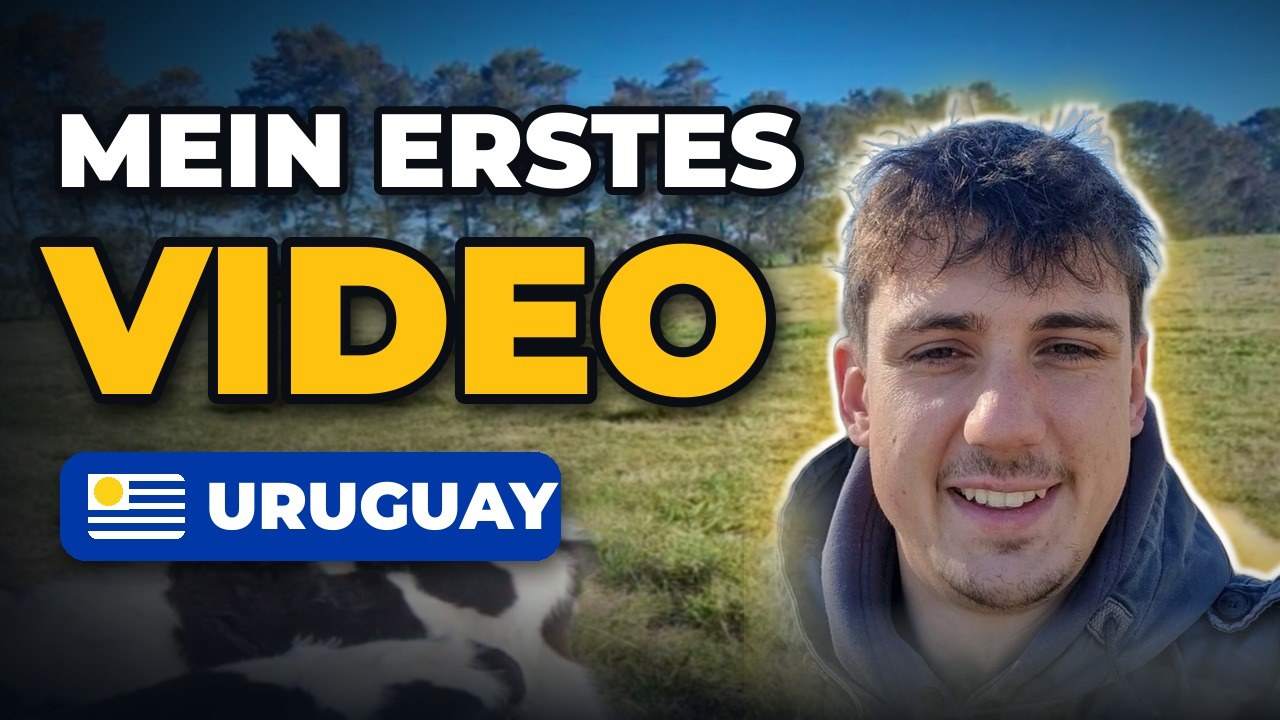 Stanley Kunz lächelt auf einer Weide in Uruguay, dahinter ein Kalb – Thumbnail „Mein erstes Video“.