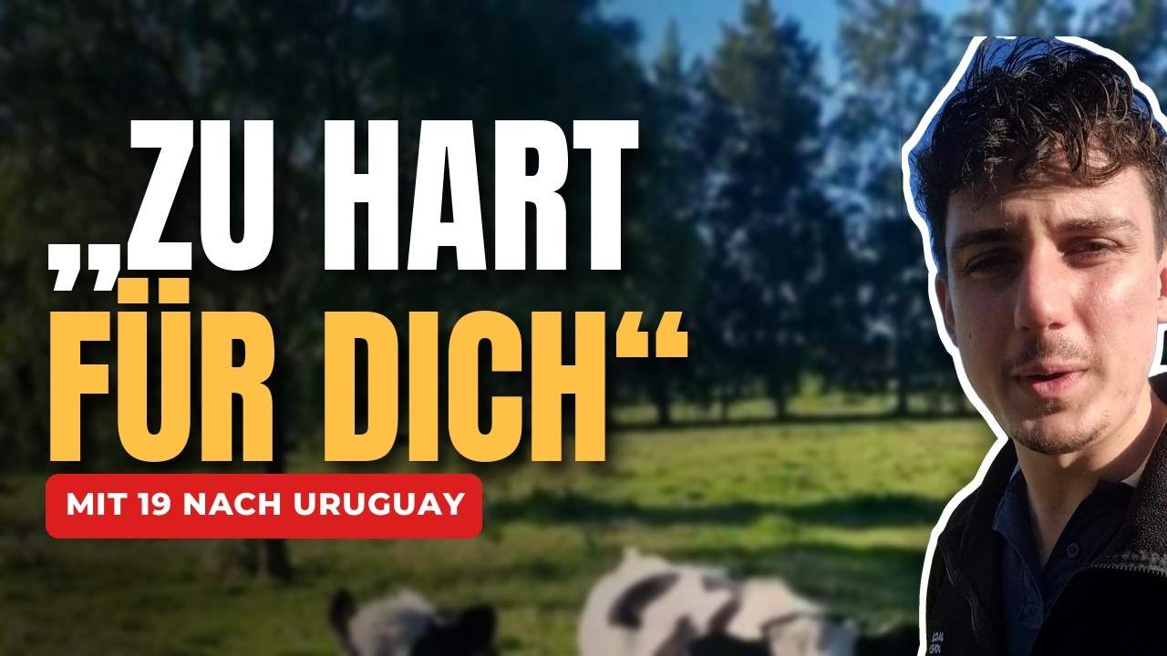 Stanley Kunz auf seinem Grundstück in Uruguay, daneben der Schriftzug „Zu hart für dich“.